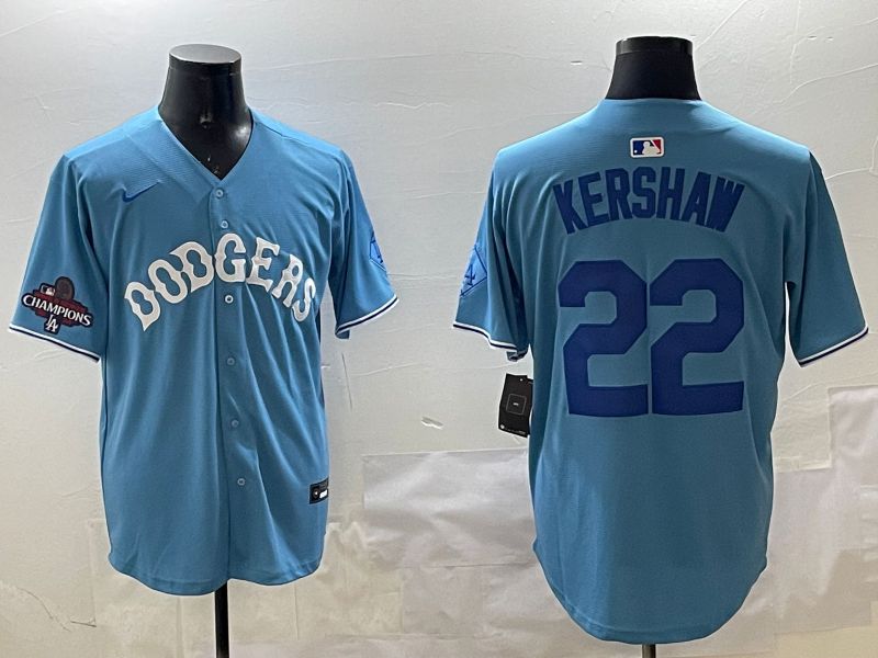Men Los Angeles Dodgers 22 Kershaw Light Blue Joint Name 2025 Nike MLB Jersey style 14